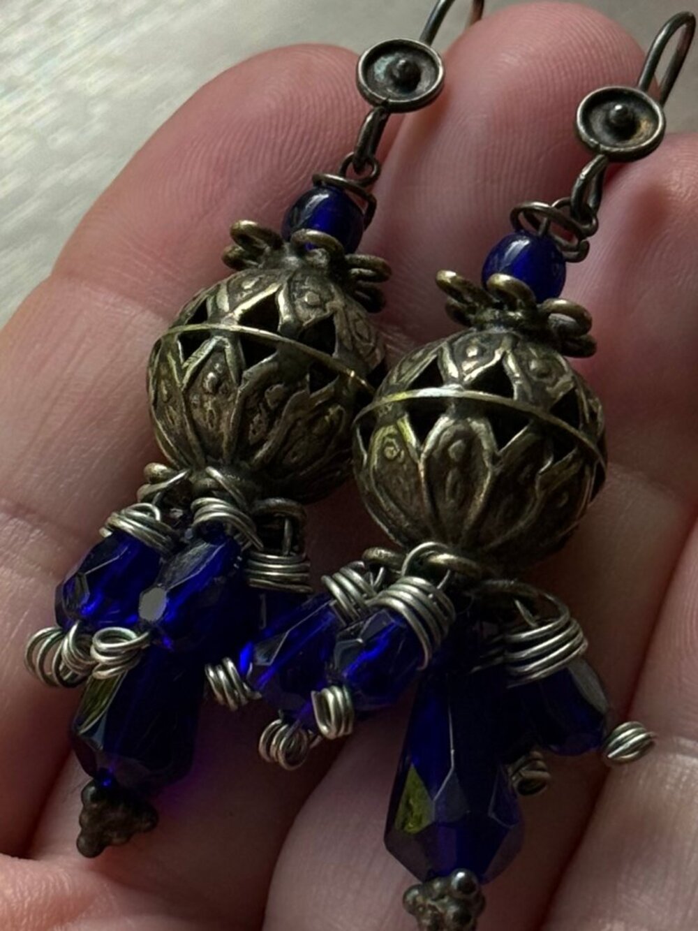 Vintage Blue Cobalt Glass and Filigree Cluster Earrings